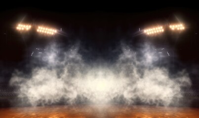 Empty basketball court lights and smoke. creating a spooky ambiance.