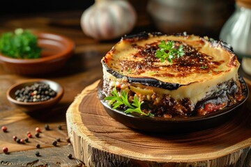 Rustic presentation of Moussaka with layers of eggplant, minced meat, and bechamel sauce on a wooden surface