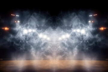 Empty basketball court lights and smoke. creating a spooky ambiance.