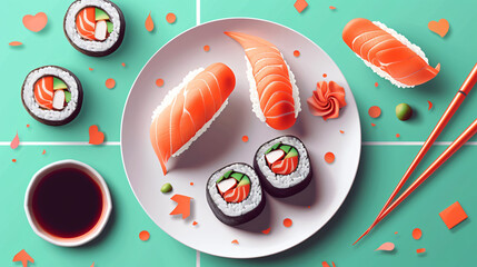 Plate with tasty sushi cones rolls ginger soy sauce an