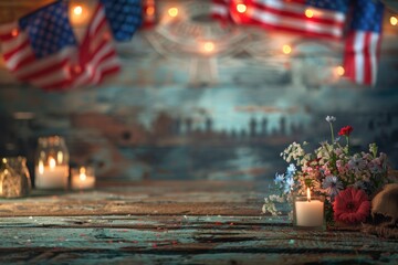 Memorial Day tribute with flags, fresh flowers, and soldier silhouettes against a rustic wooden backdrop