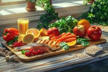 Assortment of healthy foods on a wooden surface, showcasing a balanced diet.