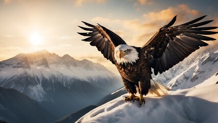 Bald Eagle Flying on top of a snow covered mountain