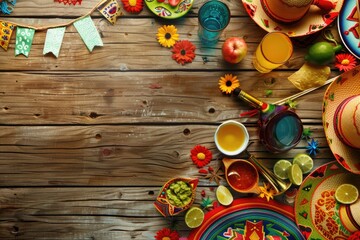 Cinco de Mayo Festive Display with Mariachi Instruments, Sombreros, and Traditional Mexican Food