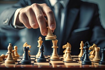 A man in a suit focused on playing chess, contemplating his next move on a chessboard