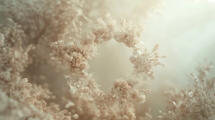 Hanging Floral Halo Ring with Real Flowers and Soft Cinematic Lighting in Beige Palette