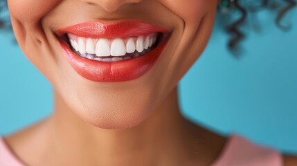 Obraz premium A minimalist poster featuring a close-up of a woman's smile with vibrant healthy gums, promoting dental hygiene