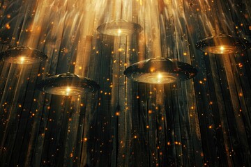 UFO Day Celebration with UFOs Hovering in the Night Sky on a Mysterious Wooden Background