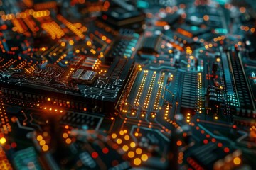 Intricate digital connections and data paths flowing through a computerized interface