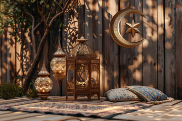 Ramadan Scene with Crescent Moon, Star, Lanterns, and Prayer Rug on a Wooden Background