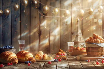 France Day Celebration Scene with Eiffel Tower, French Landmarks, and Cuisine on a Rustic Wooden Background
