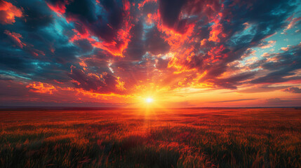 Vivid sunset casting fiery hues over a wide grain field, creating a dramatic sky and horizon. - Powered by Adobe