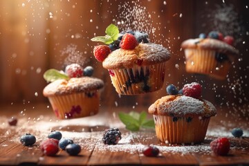 Levitating Muffins Adorned with Mint Leaves and Berries Against Warm Cherry Wood Backdrop with Illumination