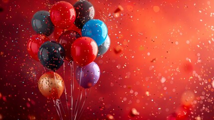 A vibrant arrangement of balloons and confetti of fiery red