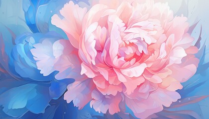 The image is of a beautiful flower with soft pink petals and a blue background. The petals are delicate and seem to be glowing. The image is very calming and peaceful.