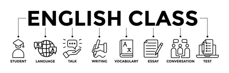 English class banner icons set with black outline icon of student, language, talk, writing, vocabulary, essay, conversation, and test
