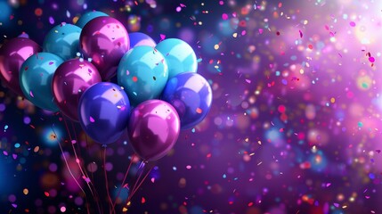 An energetic scene filled with balloons and confetti in shades of purple, blue, and green