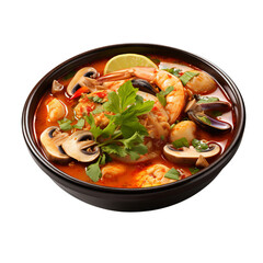 A bowl of tom yum soup with shrimp, mushrooms, and vegetables.