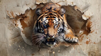 An intriguing image of a tiger bursting through a hole in a paper background