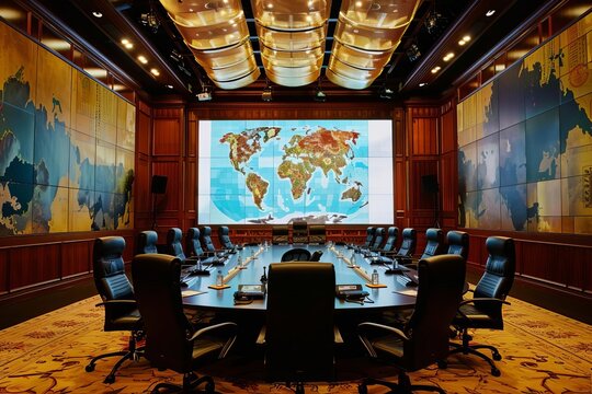 Show a virtual meeting room with international delegates discussing global treaties