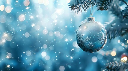 Christmas ornament, hanging from a tree, with a background of blue and white snowflakes, balls