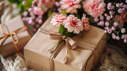 A beautifully wrapped gift box adorned with delicate pink flowers and a bow.