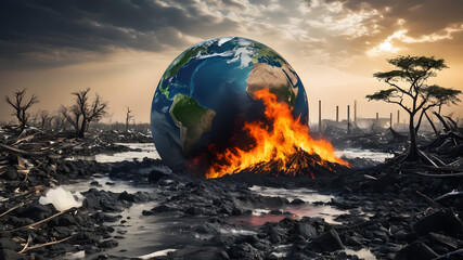    Abstract conceptual illustration of global warming and environmental disaster on Earth. environmental conservation and saving the world. AI generated image