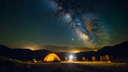 Tourist tent in the mountains under the starry sky and milky way, Long exposure