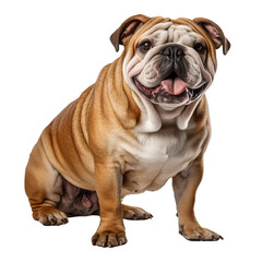 A studio photo of an English Bulldog sitting on a seamless black background.