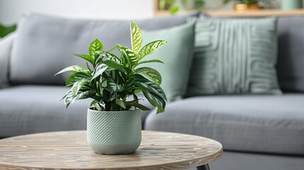 Pot with green houseplant on coffee table near grey