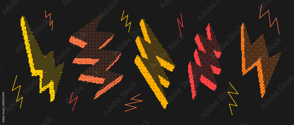 Poster bitmap textured lightning bolt set. dither halftone thunderbolt collection. orange, red, yellow stri