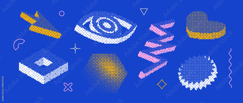 Poster Bitmap pixelated shape set. Dither halftone geometric object collection. Eye, arrow, zigzag, heart, hexagon, star elements for banner, poster, leaflet. Pixel 3d raster effect bundle. Vector pack