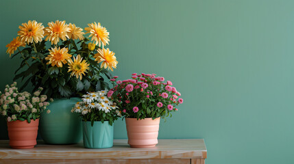 Pots with beautiful Chrysanthemum flowers and pouf nea