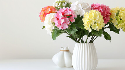 Elegant arrangement of artificial flowers in various colors neatly placed in a modern white vase for interior decoration.
