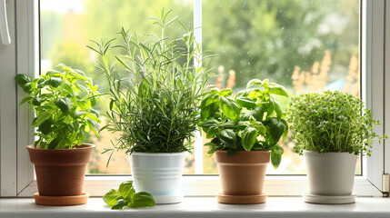 Pots with fresh aromatic herbs on windowsill