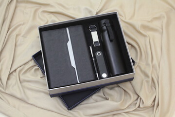 Isolated giftsets containing corporate gift items for branding and gifting.