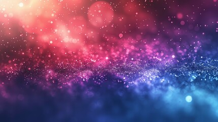 Red, blue and purple particles of dust are floating around in space and illuminated by a bright light source.