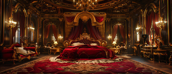 Royal Bedroom in a Classic Castle with Vintage Gold Canopy Bed and Elegant Antique Furnishings, Luxurious Decor