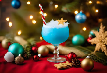 A festive cocktail with a blue hue and a coconut garnish, surrounded by Christmas decorations