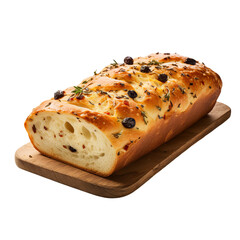 Freshly baked ciabatta bread with rosemary and olives on a wooden cutting board.