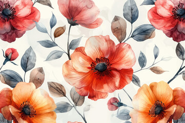  watercolor red and orange flowers pattern, seamless wallpaper, soft pastel colors. Created with Ai
