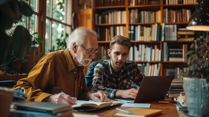 Elderly LGBT professional mentoring a young employee in a cozy, booklined office, fostering a legacy of knowledge and inclusivity