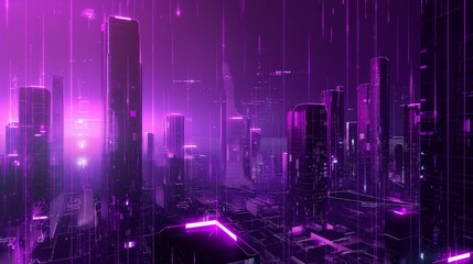 A futuristic purple cityscape with glowing lights and geometric shapes, portraying a neon-lit urban night. 32k, full ultra hd, high resolution