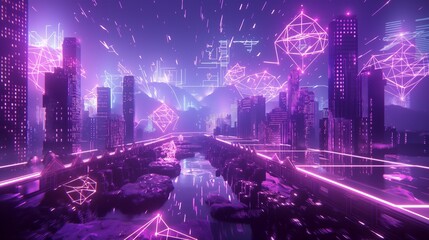 A futuristic purple cityscape with glowing lights and geometric shapes, portraying a neon-lit urban...