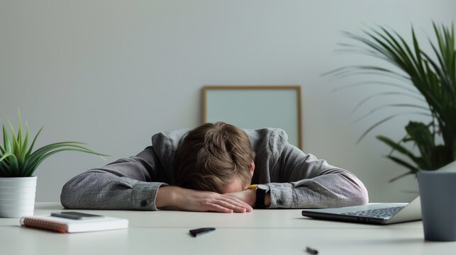 A man sleeps at his desk in the office, with his head on the table and his hands under his head next to his laptop. Professional burnout, work without rest, workaholism