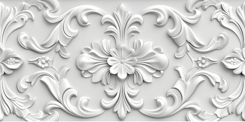 An ornate white ceiling tile with flowers and leaves, 

