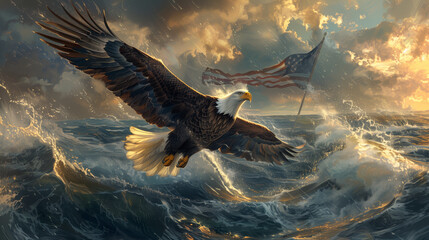 Soaring Bald Eagle & vibrant flag, American freedom takes flight. Celebrate 4th of July. 