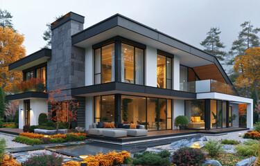 A modern house with an exterior made of brick and glass, featuring large windows overlooking the garden. Created with Ai
