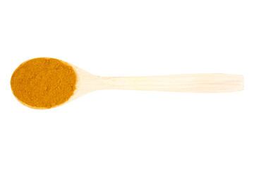 organic curcuma powder in a wooden spoon isolated transparent