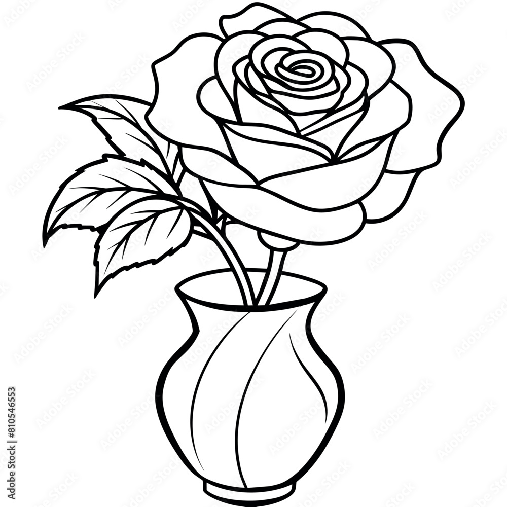 Wall mural rose flower outline illustration coloring book page design, rose flower black and white line art dra